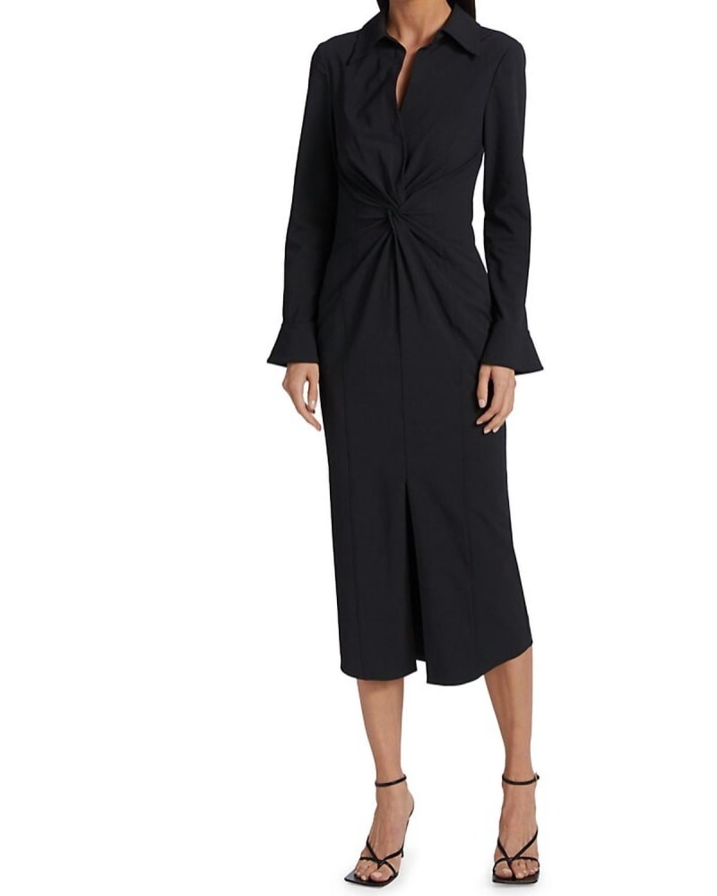 Front of a model wearing a size 10 Mckenna Long Sleeves Collared Midi Dress In Black in Black by cinq a sept. | dia_product_style_image_id:346599